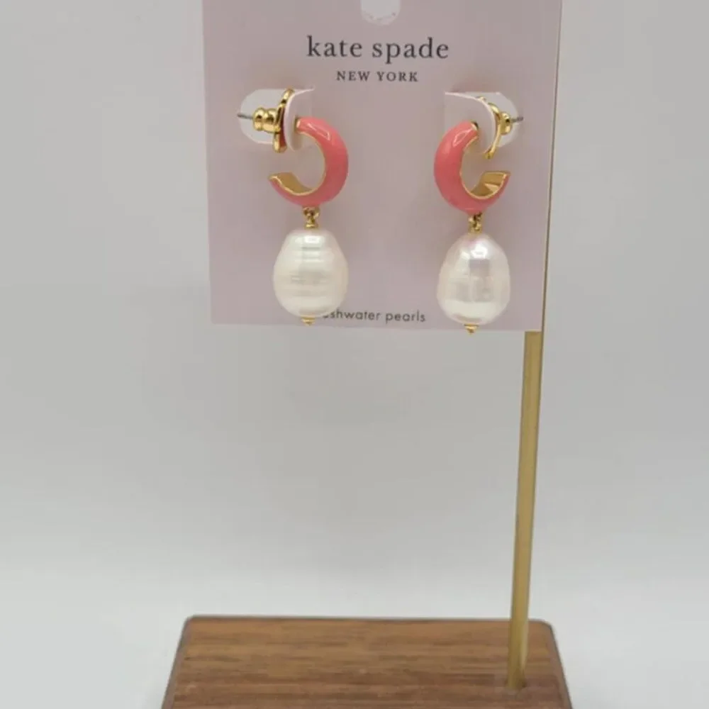 Kate Spade Pink Enamel Huggie Stud Hoop with Peal Dangle NWT! NEW!
